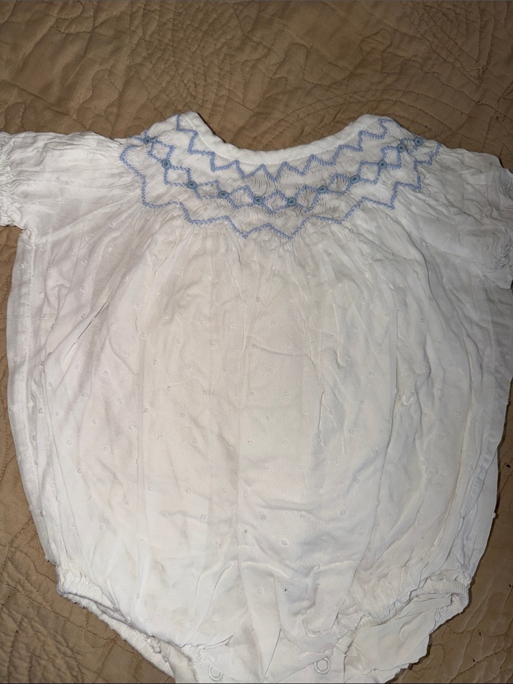 White Baby One-Piece with Blue Smocked Neck